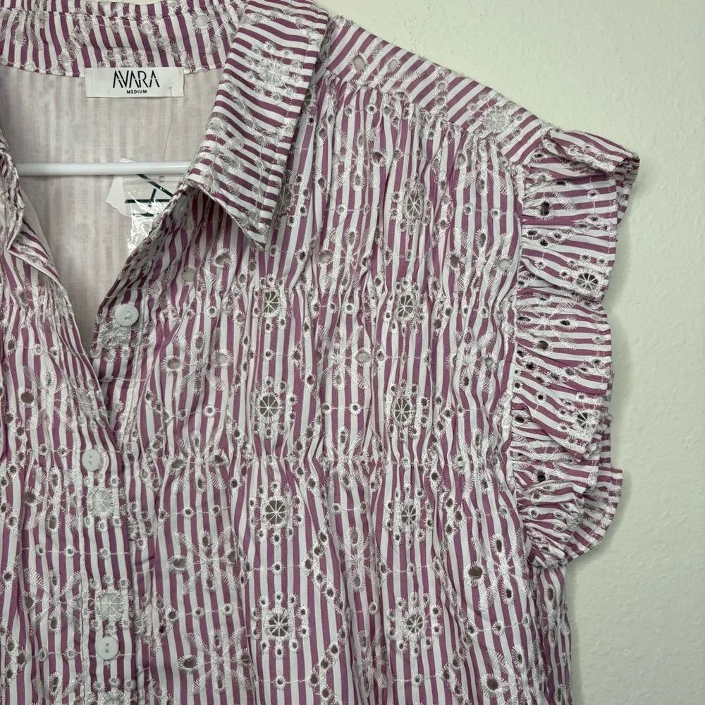 Avara Eyelet Ruffle Sleeve Purple Stripe Dress NWT - Picture 2 of 10